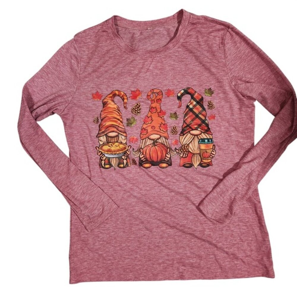 Fall Gnomes Pie Pumpkin Coffee Long‎ Sleeve Shirt Womens Graphic Tee Autumn